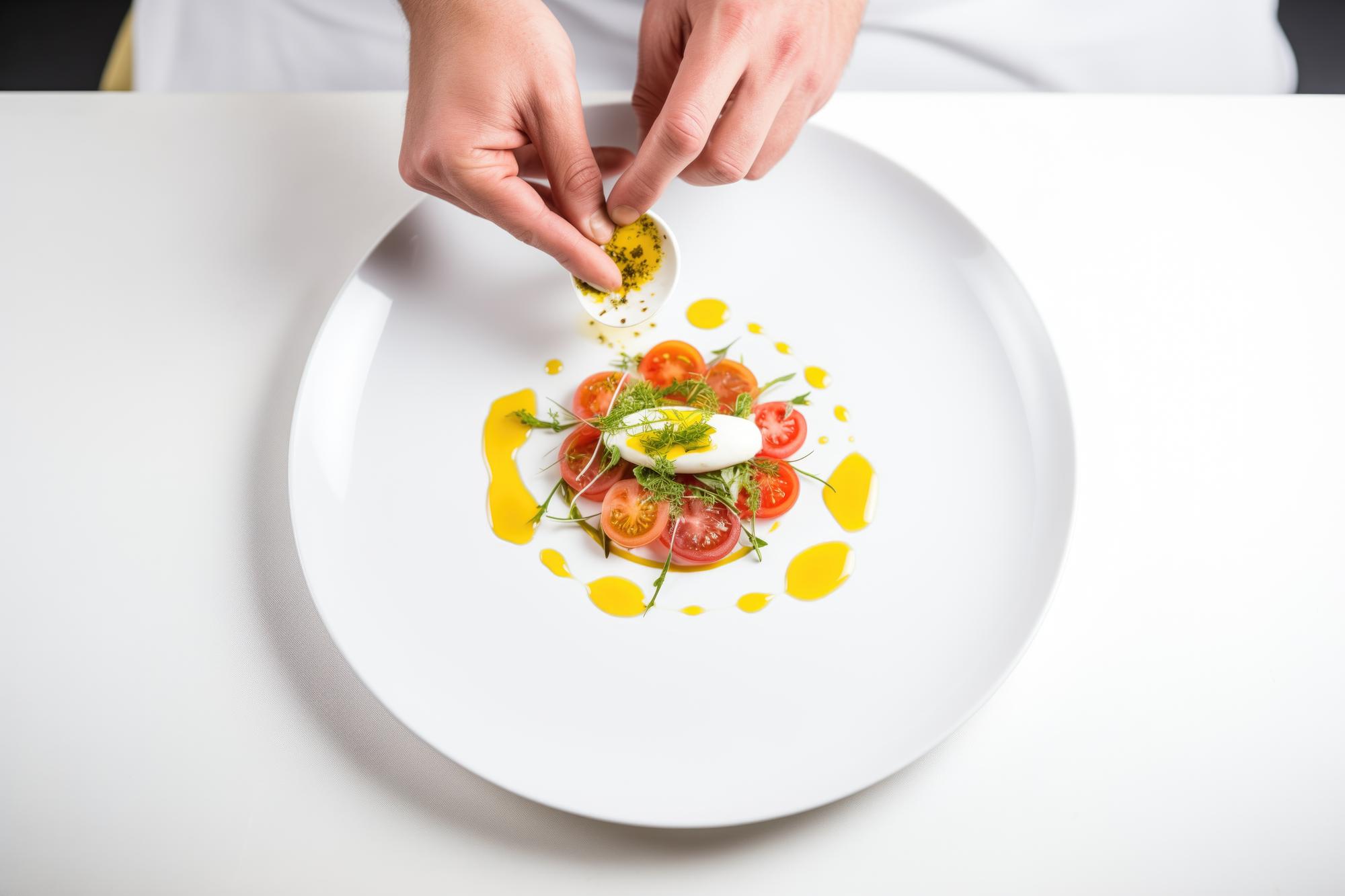Chef arranging colorful plated dish in studio